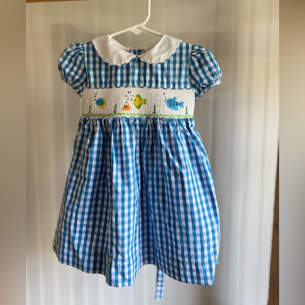 Carriage Boutique Blue Gingham Dress with Embroidered fish 🐟 12m